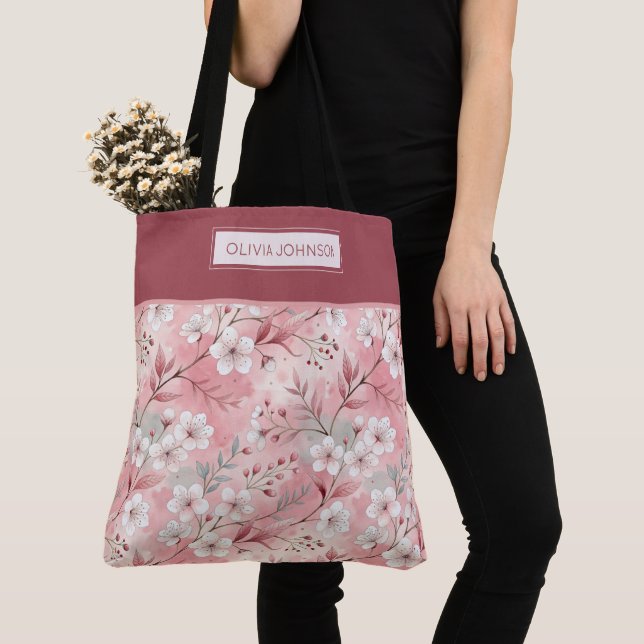 Bolsa Tote Pink cherry blossom monogram (Close Up)