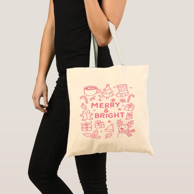 Bolsa Tote Pink Christmas Doodle | Holiday Carryall (Frente (produto))