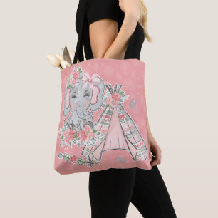BOLSA TOTE PINK & CINZA BOHO BABY ELEFHANT & DREAMCATCHER