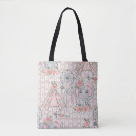 BOLSA TOTE PINK & CINZA BOHO BABY ELEFHANT & DREAMCATCHER