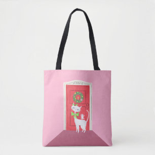 Bolsa Tote Pink de gato branco e rato retrátil de Natal