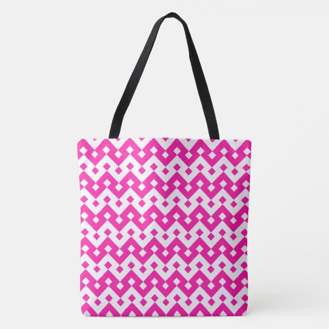 Bolsa Tote Pink e Padrão Branco Girly Geométrico (Frente)