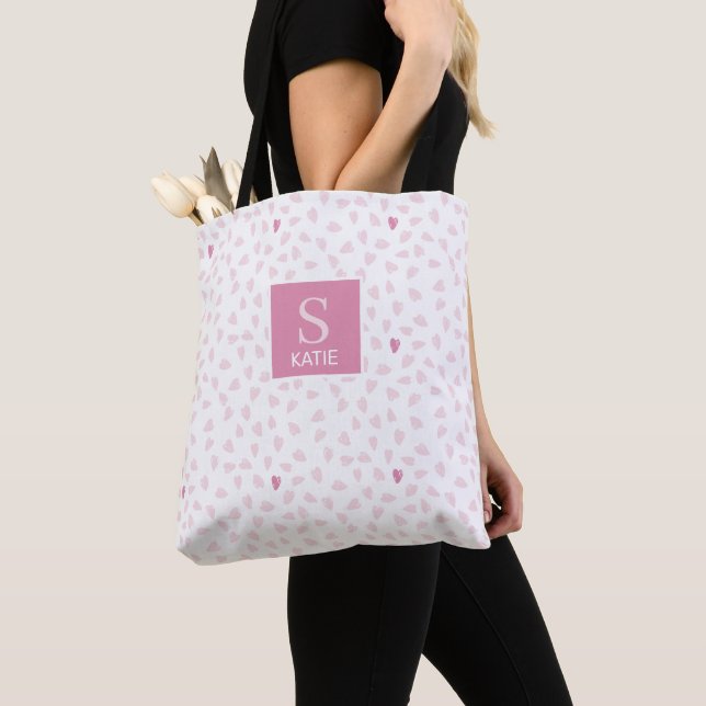 Bolsa Tote Pink Hearts Pattern Monogram (Close Up)