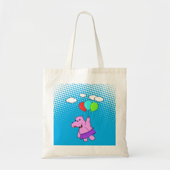 Bolsa Tote Pink Hippo Flying With Balloons In Blue Sky (Frente)