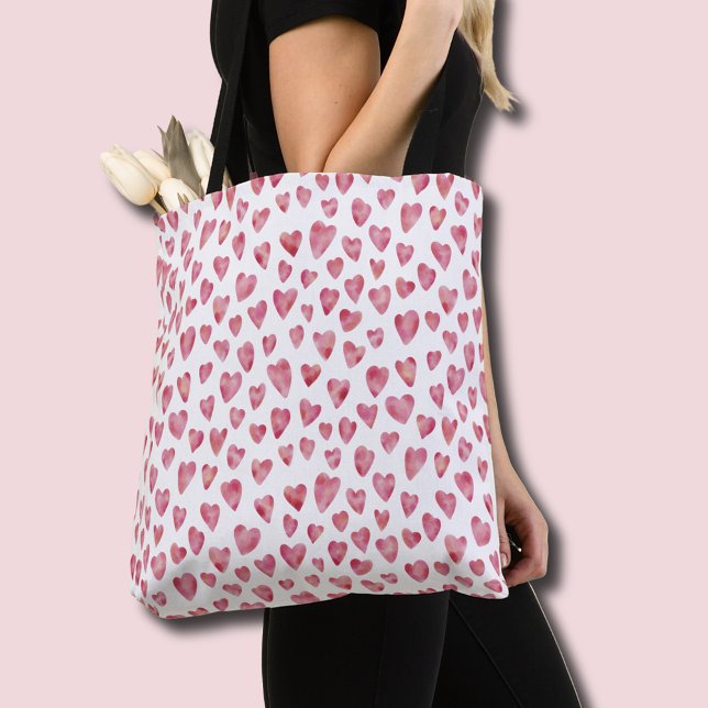 Bolsa Tote Pink Love Heart Pattern (Pink watercolor love heart tote bag)