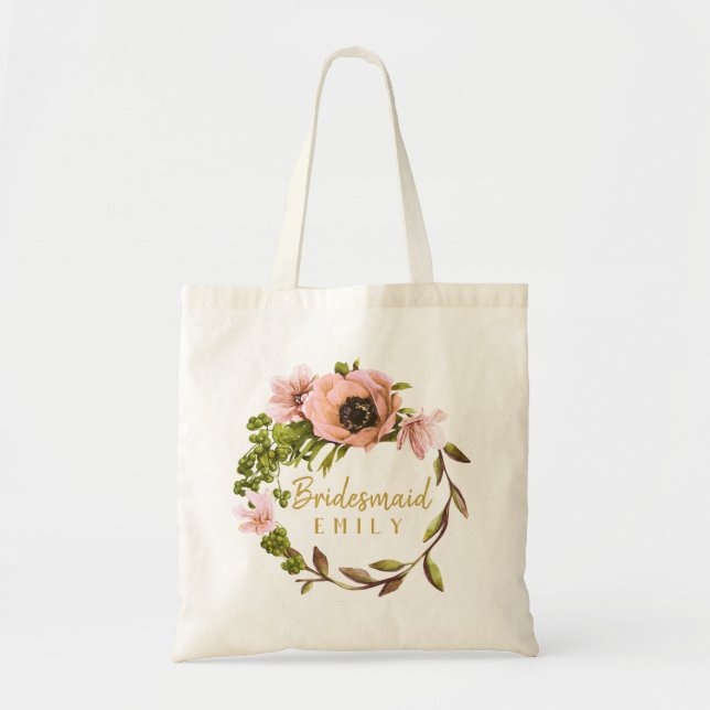 Bolsa Tote Pink Peony Wreath Bridesmaid Nome ID456 (Frente)