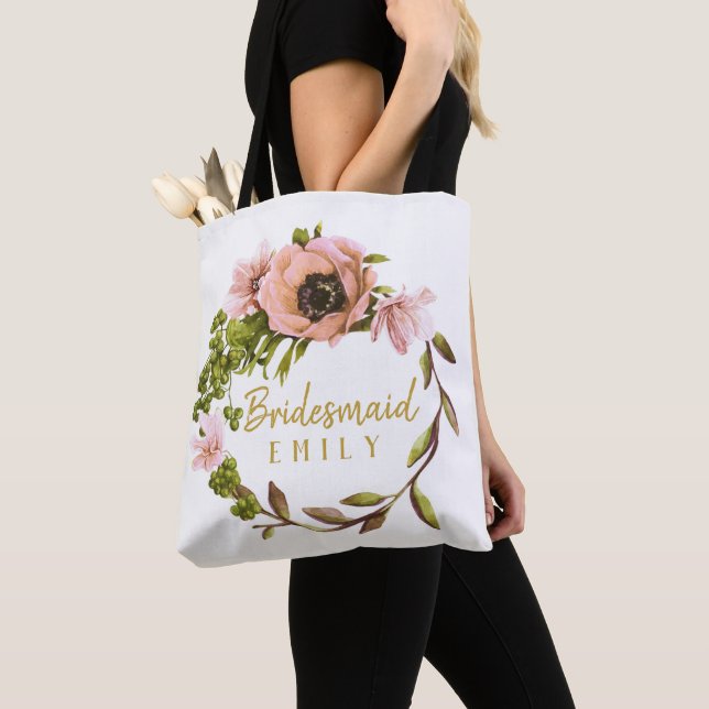 Bolsa Tote Pink Peony Wreath Bridesmaid Nome ID456 (Close Up)