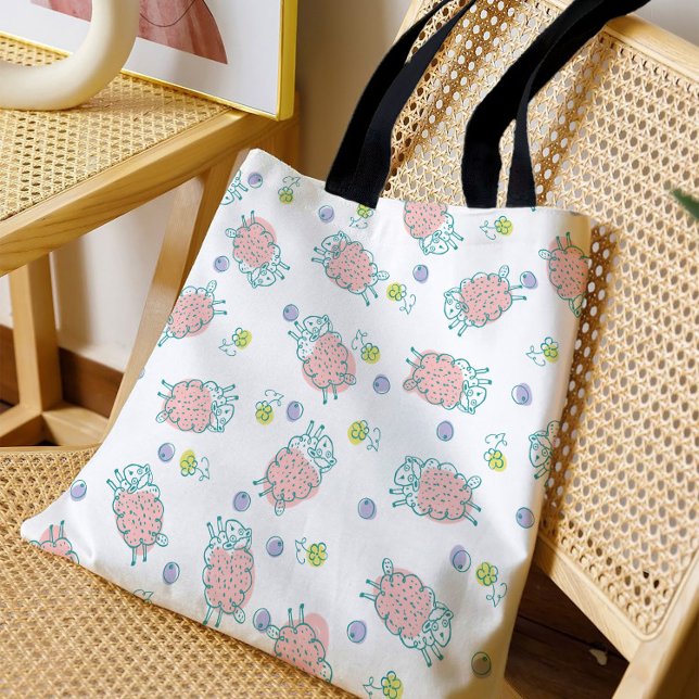 Bolsa Tote Pink Sheep with Flowers & Berries - Cute Pattern (Criador carregado)