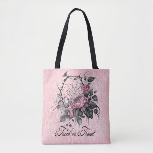Bolsa Tote Pink Spider Web com Rosas   Truque ou Tratar
