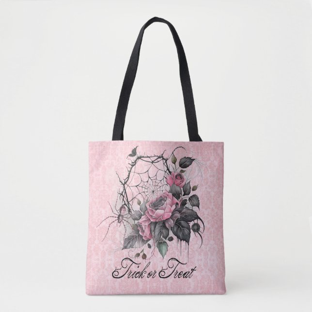Bolsa Tote Pink Spider Web com Rosas | Truque ou Tratar (Frente)