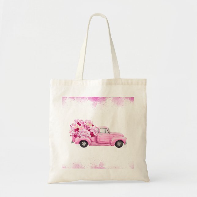 Bolsa Tote Pink Valentine Truck Watercolor Art (Frente)