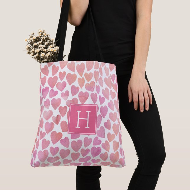 Bolsa Tote Pink Watercolor Heart Pattern (Close Up)