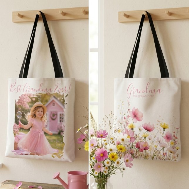 Bolsa Tote Pink Wildflower Grandma (Pink wildflower grandma photo tote)