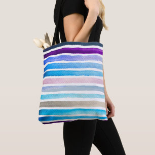 Bolsa Tote Pintado manualmente com listras de aquarelas azuis