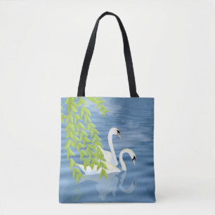 Bolsa Tote Pintando o par de Cisnes Azuis e Verdes no lago