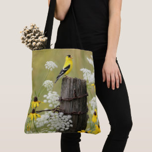 Bolsa Tote Pintassilgo Cantando em uma Estaca de Cerca