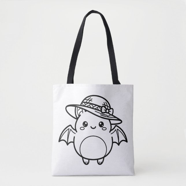 Bolsa Tote Pinte seu próprio morcego Kawaii com chapéu de sol (Frente)