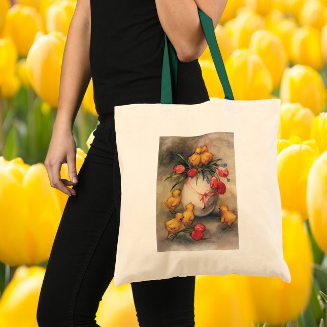 Bolsa Tote Pintinhos de Páscoa, Ovos com Flores de Tulipas Ve (Criador carregado)