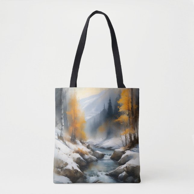 Bolsa Tote Pintor da paisagem fluvial serene snowy (Frente)
