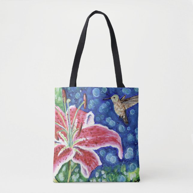 Bolsa Tote Pintor Hummingbird e Stargazer Lily (Frente)