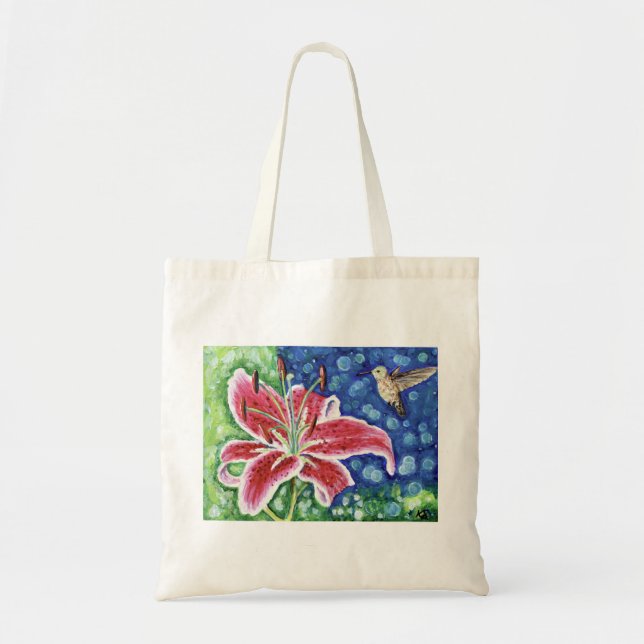 Bolsa Tote Pintor Hummingbird e Stargazer Lily (Frente)