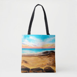 Bolsa Tote pintura a óleo de belo pôr do sol ouro sobre o oc