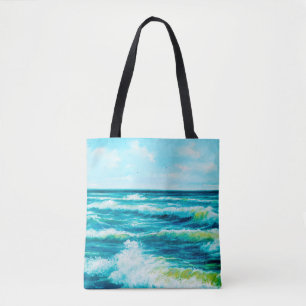 Bolsa Tote  pintura a óleo mostrando ondas no oceano ou no ma