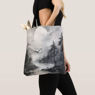 Bolsa Tote Pintura a Tinta de Paisagem Monocromática