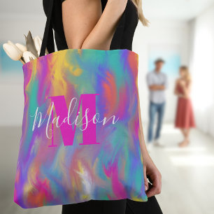Bolsa Tote Pintura Abstrata Verde-azulado Amarelo Roxo Rosa M