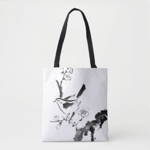 Bolsa Tote Pintura chinesa, flor da ameixa e pássaro