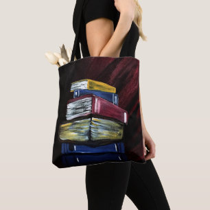 Bolsa Tote Pintura Colorida de Pilha de Livros Leitor Literár