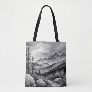 Bolsa Tote Pintura da paisagem branca e preta de montanhas