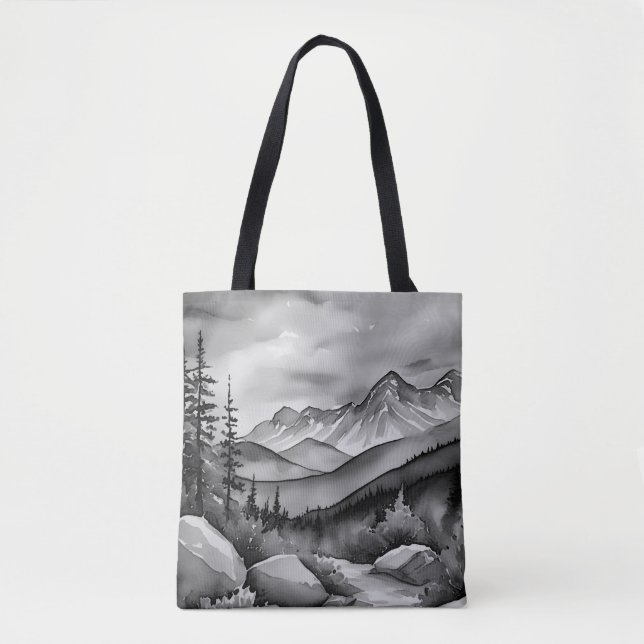 Bolsa Tote Pintura da paisagem branca e preta de montanhas (Frente)