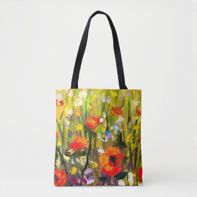 Bolsa Tote Pintura de Abstrato de Campo de Poppies Vermelhos (Frente)