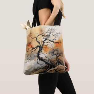 Bolsa Tote Pintura de Árvore Preta Laranja