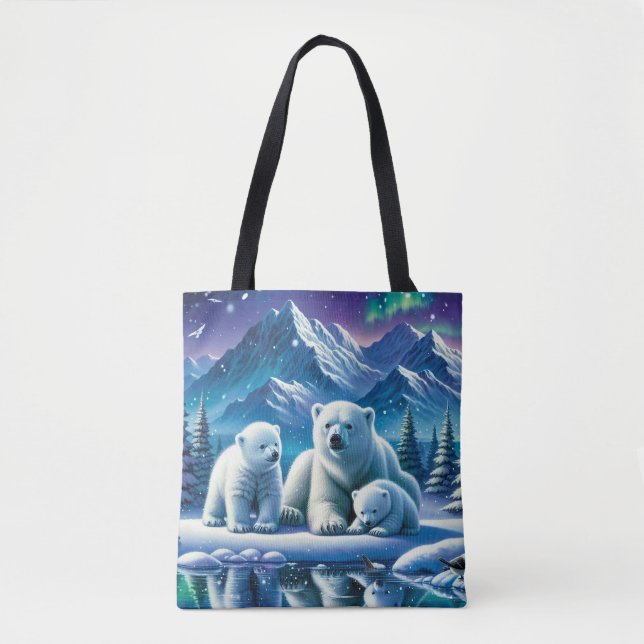 Bolsa Tote Pintura de Cena Neve da Família Polar Bear (Frente)