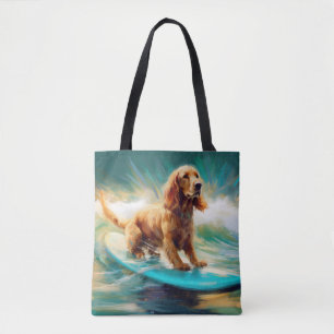 Bolsa Tote Pintura de Cocker Spaniel Surfando na Praia