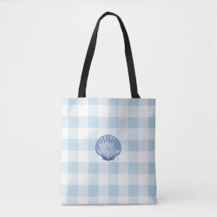 Bolsa Tote Pintura de Concha Azul Marinho Xadrez Azul
