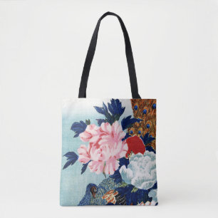 Bolsa Tote Pintura de flores de pavão e peônias vintage