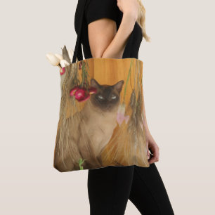 Bolsa Tote Pintura de Flores Secas de Gato Siames