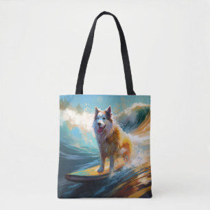 Bolsa Tote Pintura de Malamute do Alasca Surfando na Praia