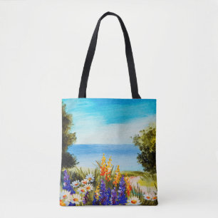 Bolsa Tote pintura de óleo de flores perto do mar, campo de c