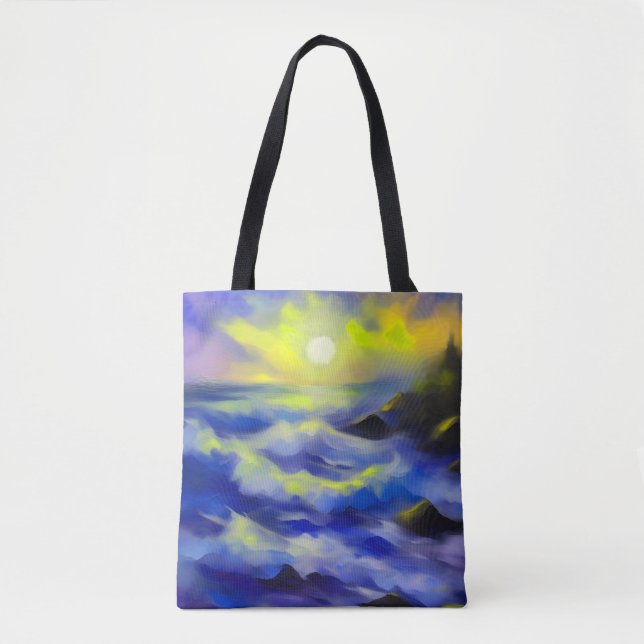 Bolsa Tote Pintura de ondas azuis escuras sob o sol (Frente)