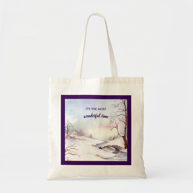 Bolsa Tote Pintura de Paisagem de Aquarela da Ponte Snowy (Frente)