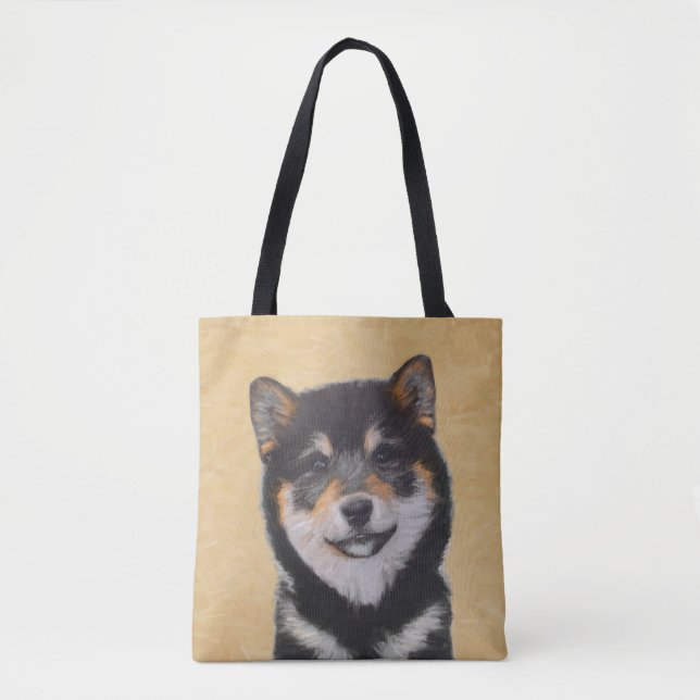 Bolsa Tote Pintura de Shiba Inu (Preto e Latão) - Arte Canina (Frente)