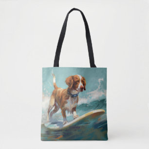 Bolsa Tote Pintura de Surf na Praia com Brittany Spaniel
