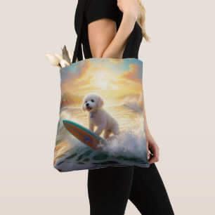 Bolsa Tote Pintura de Surf na Praia de Bichon Frise