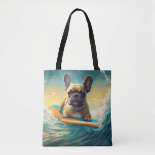 Bolsa Tote Pintura de surfe na praia do Buldogue francês