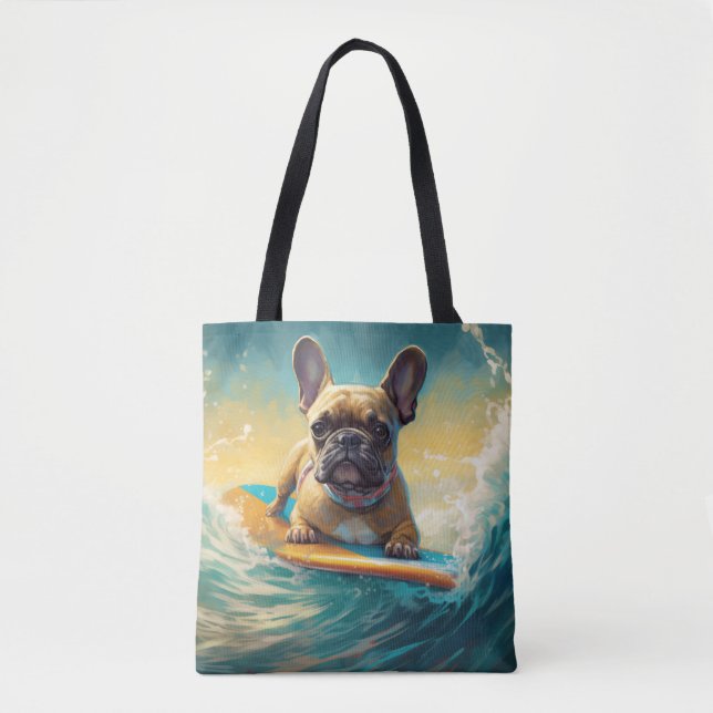 Bolsa Tote Pintura de surfe na praia do Buldogue francês (Frente)