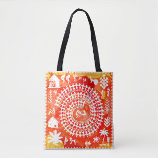 Bolsa Tote Pintura de Warli - desenhada à mão como tradiciona